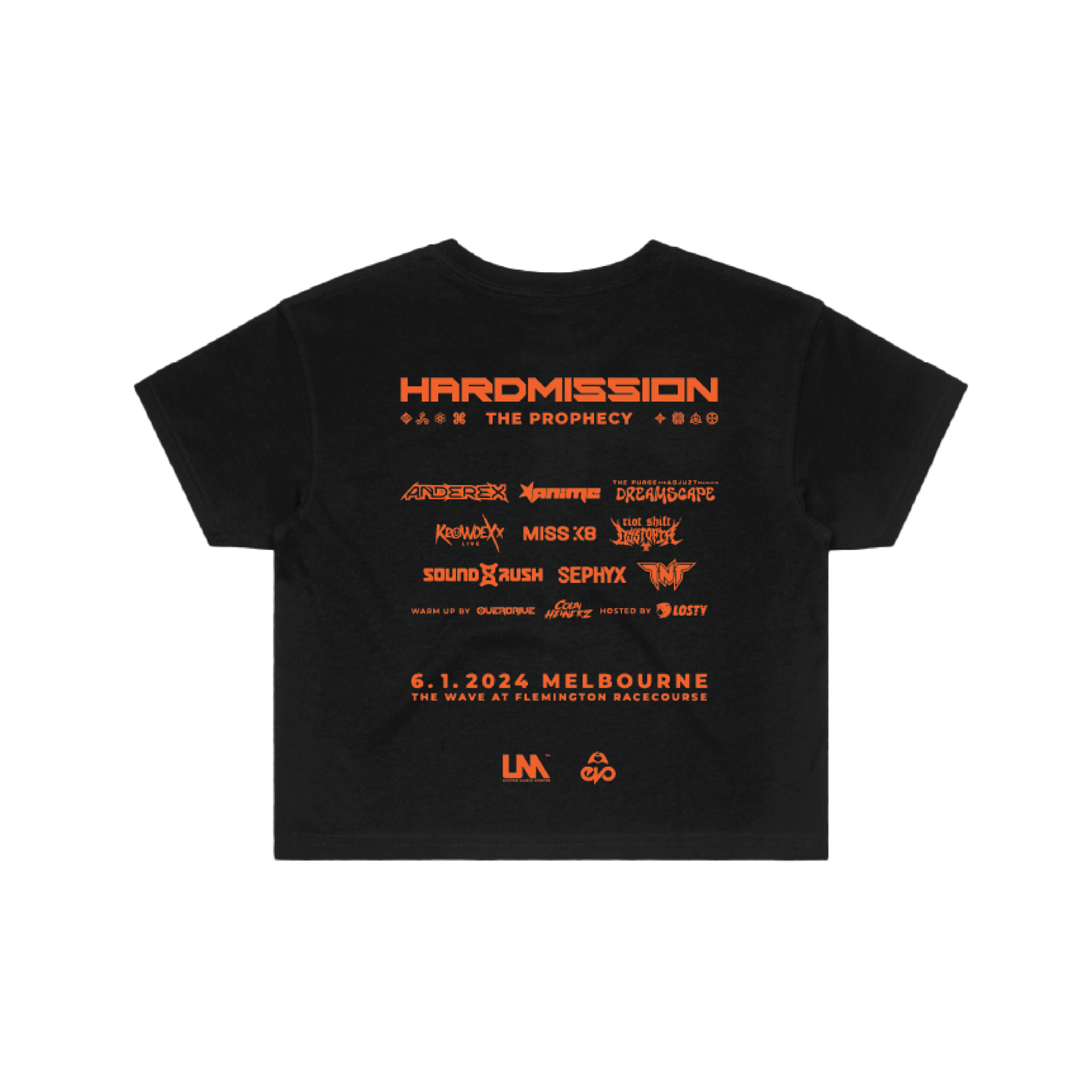 HARDMISSION 2024 : BLACK & NEON ORANGE CROP TEE